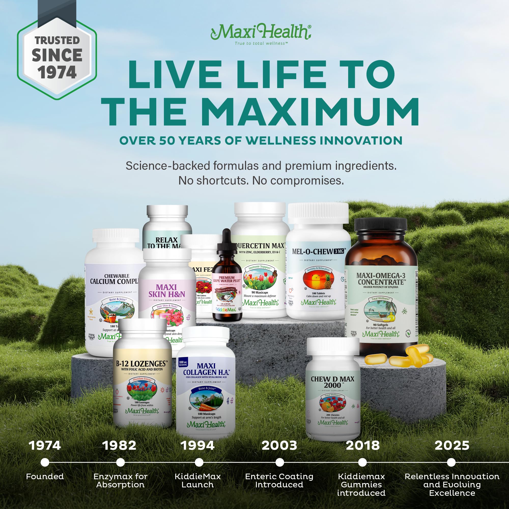 Maxi Health Multivitamin digestive ease illustration with enzymes and botanicals.