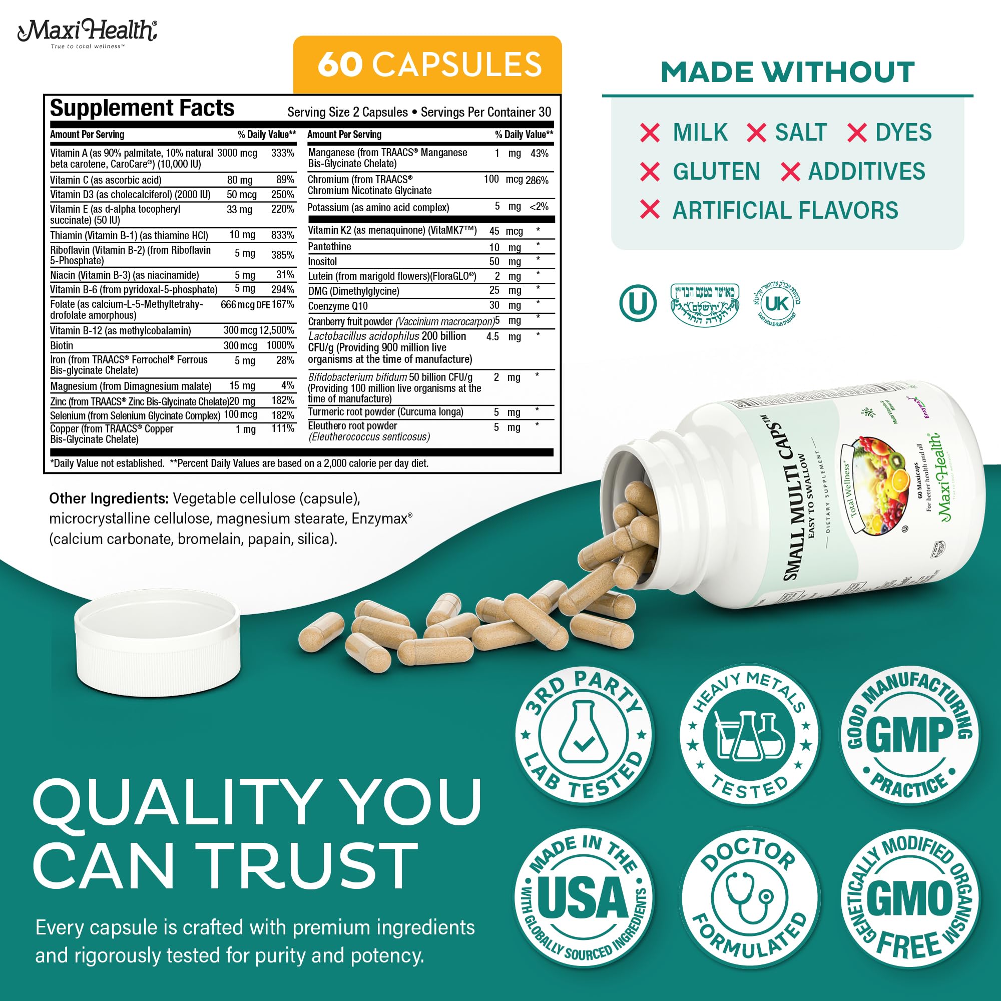 Maxi Health Multivitamin small capsules designed for easy swallowing.