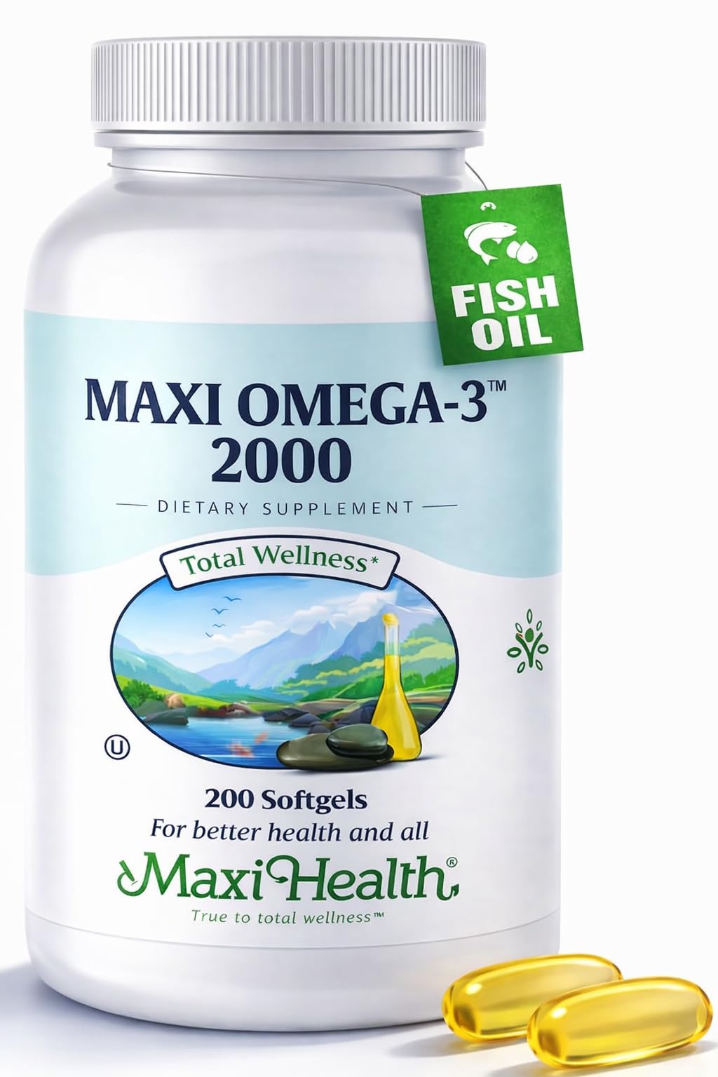 Maxi Health Omega-3 2000mg bottle highlighting wild-caught fish oil for heart and brain health.