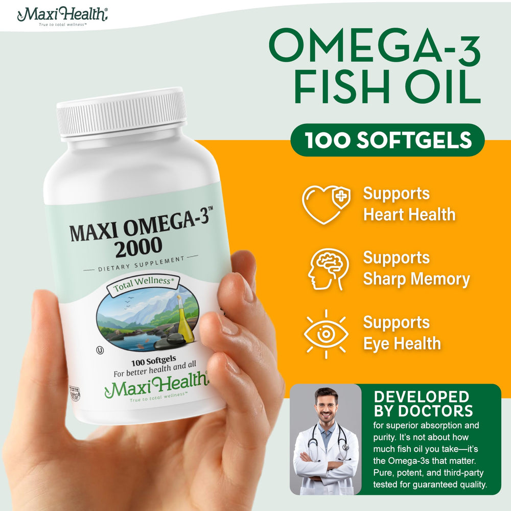 Maxi Health Omega 3 2000mg softgels close-up showing burpless intake