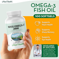 Maxi Health Omega 3 2000mg softgels close-up showing burpless intake