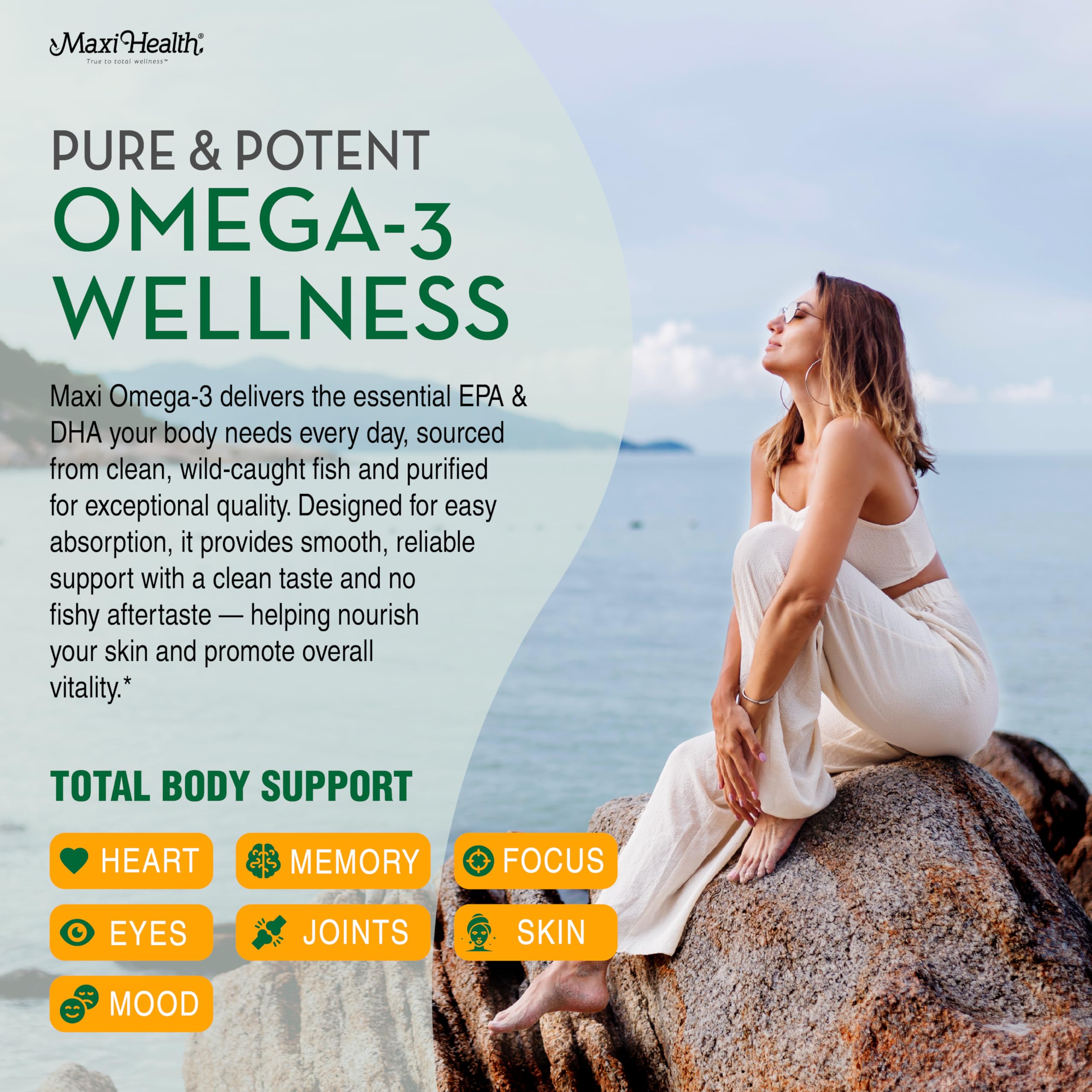 Maxi Health Omega 3 EPA DHA softgels highlight essential fatty acids for balance