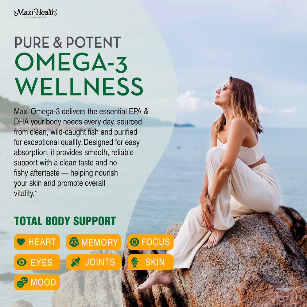 Maxi Health Omega 3 EPA DHA softgels highlight essential fatty acids for balance