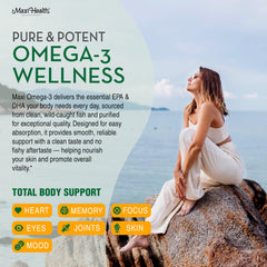 Maxi Health Omega 3 EPA DHA softgels highlight essential fatty acids for balance