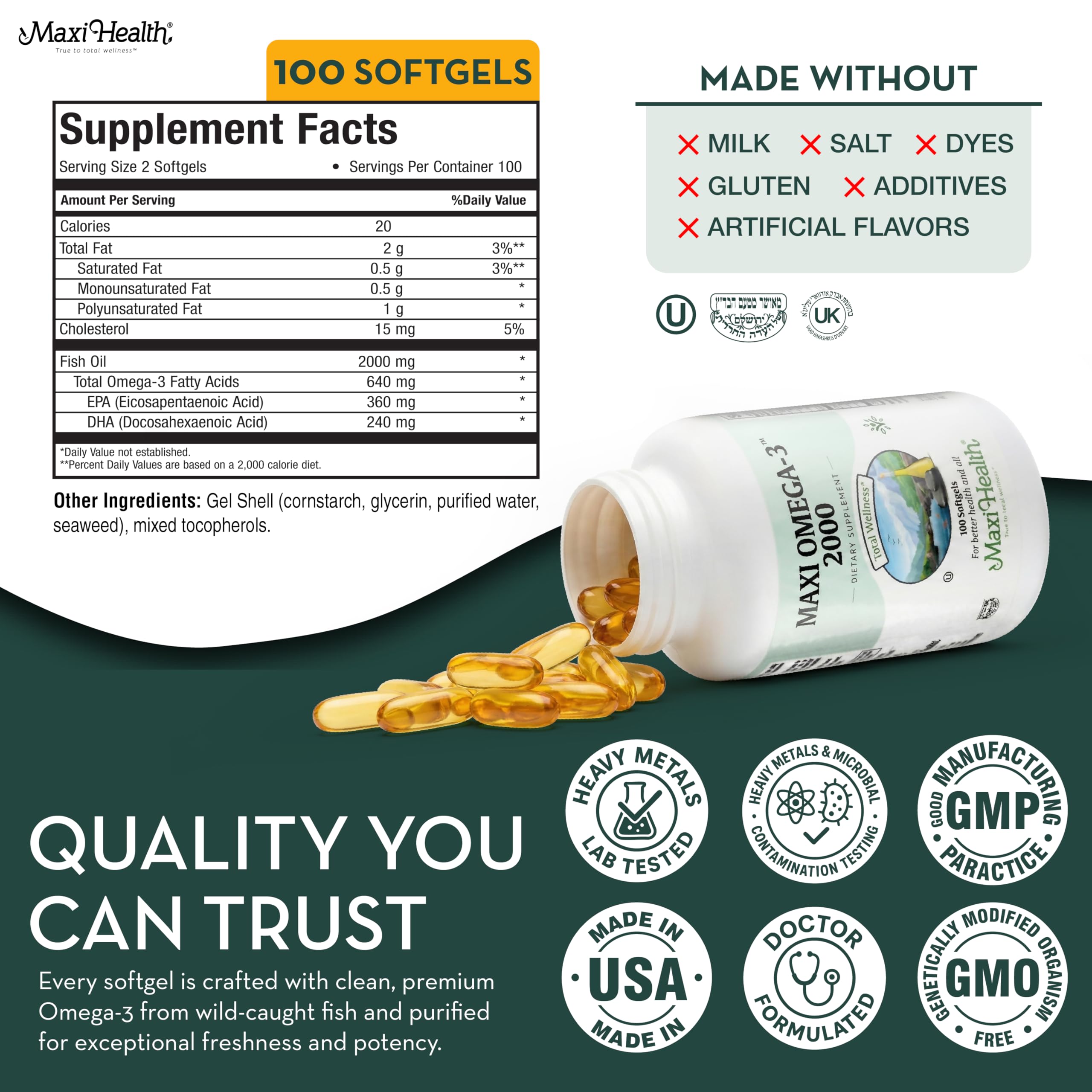 Maxi Health Omega 3 sustainably sourced fish icon and bottle