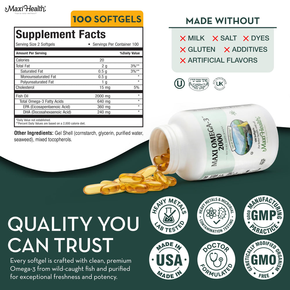Maxi Health Omega 3 sustainably sourced fish icon and bottle