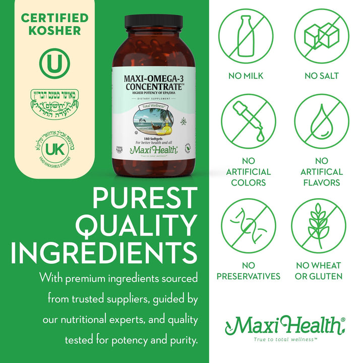 Maxi Health Omega-3 bottle on kitchen shelf for joint comfort and wellness.