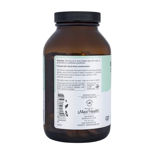 Maxi Health Omega-3 softgels pour highlighting easy-to-swallow capsules.