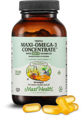 Maxi Health Omega-3 supplement bottle pour showing convenient daily dosing for heart and brain support