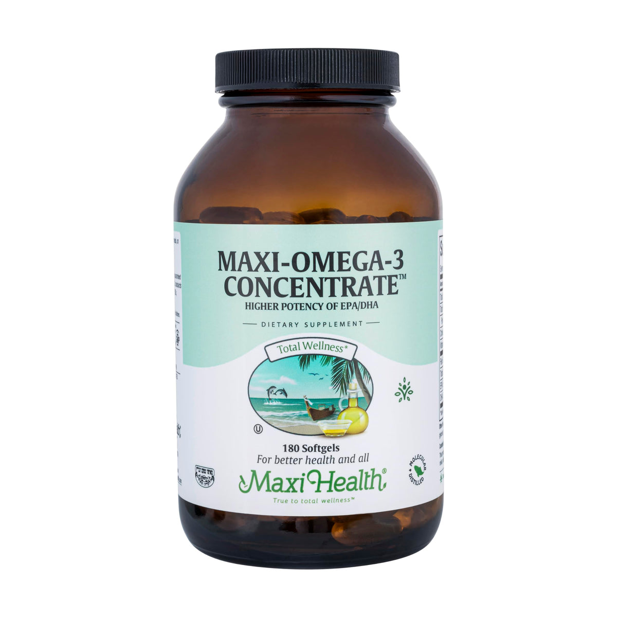 Maxi Health Omega-3 triple strength softgels bottle for daily heart and brain support.