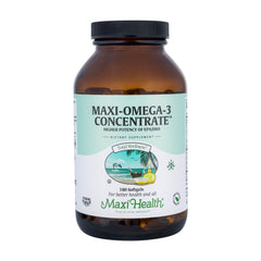 Maxi Health Omega-3 triple strength softgels bottle for daily heart and brain support.