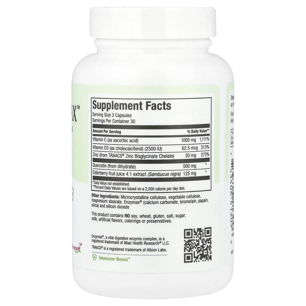 Maxi Health Quercetin 500mg capsules close-up, easy-to-swallow veggie capsules.