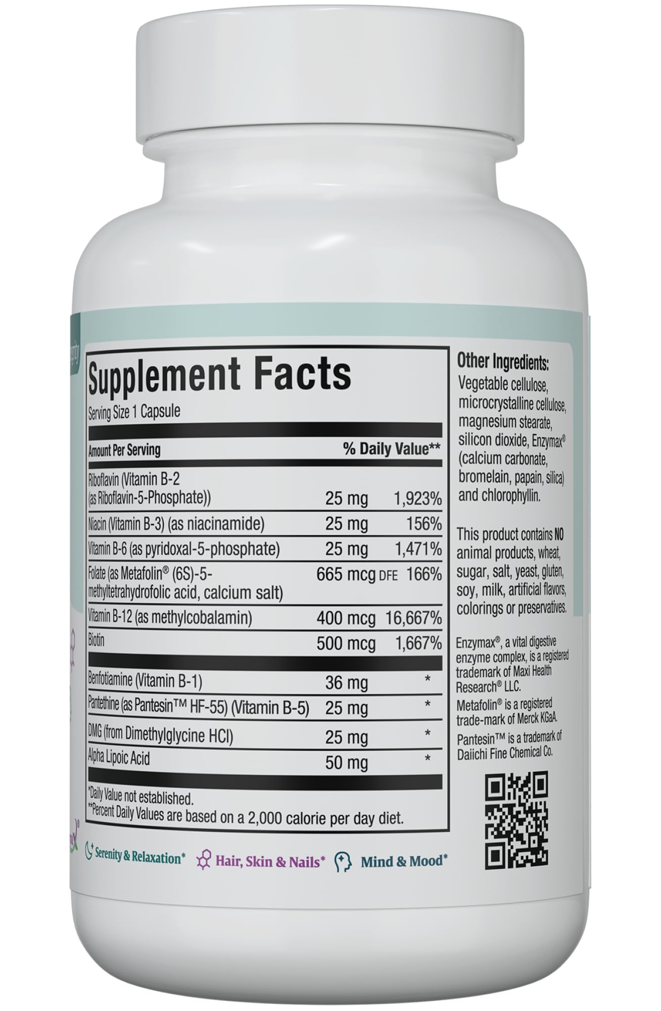 Maxi Health Stress B Complex bottle close-up shows bioactive methylated B vitamins.