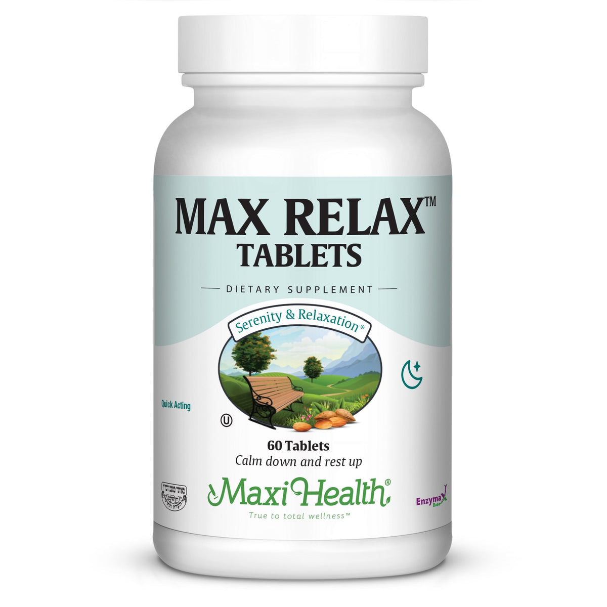 Maxi Health Stress Relief bottle promotes daily mood support with a clear label