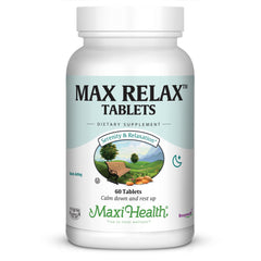 Maxi Health Stress Relief bottle promotes daily mood support with a clear label