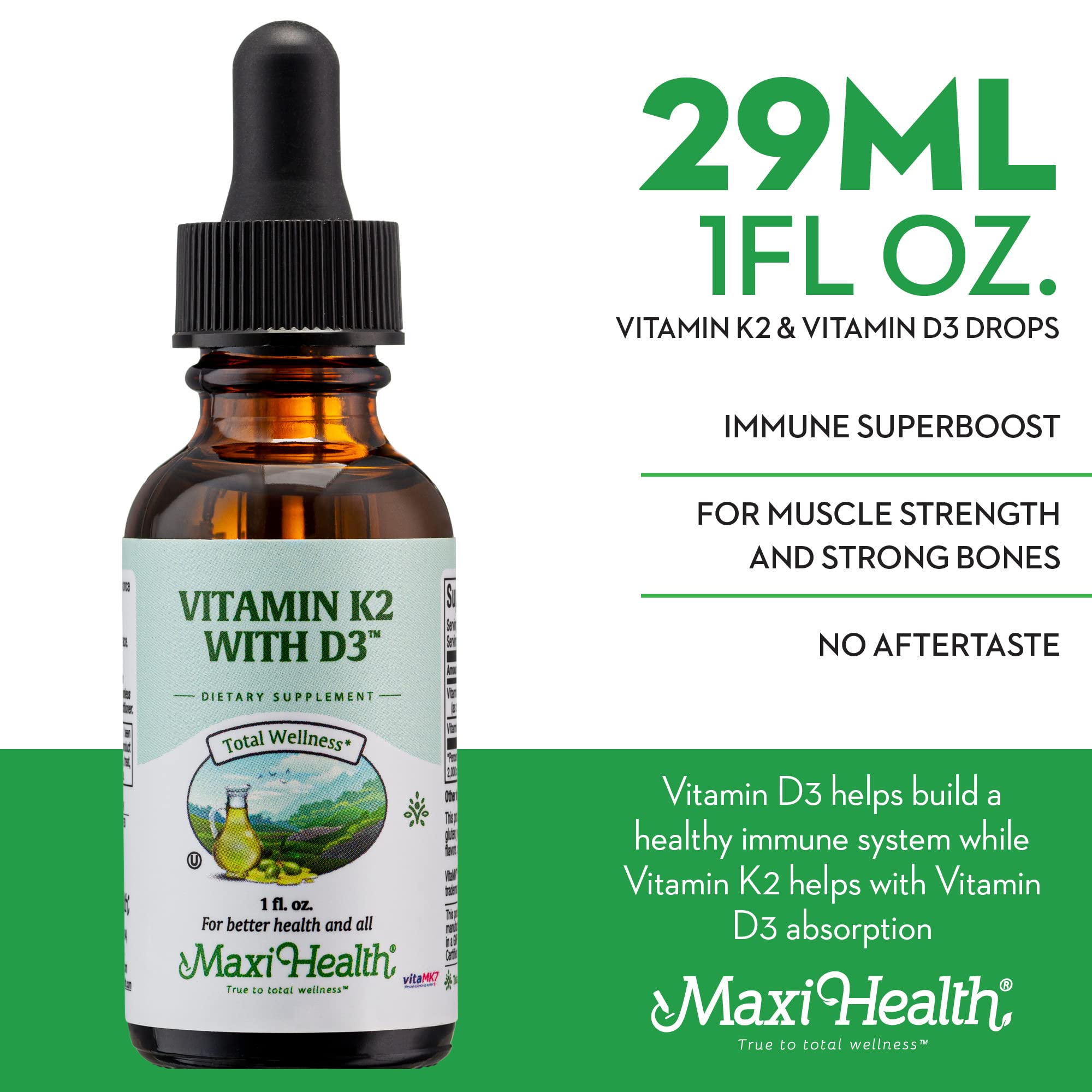 Maxi Health D3 K2 liquid is taste-free and quick to absorb.