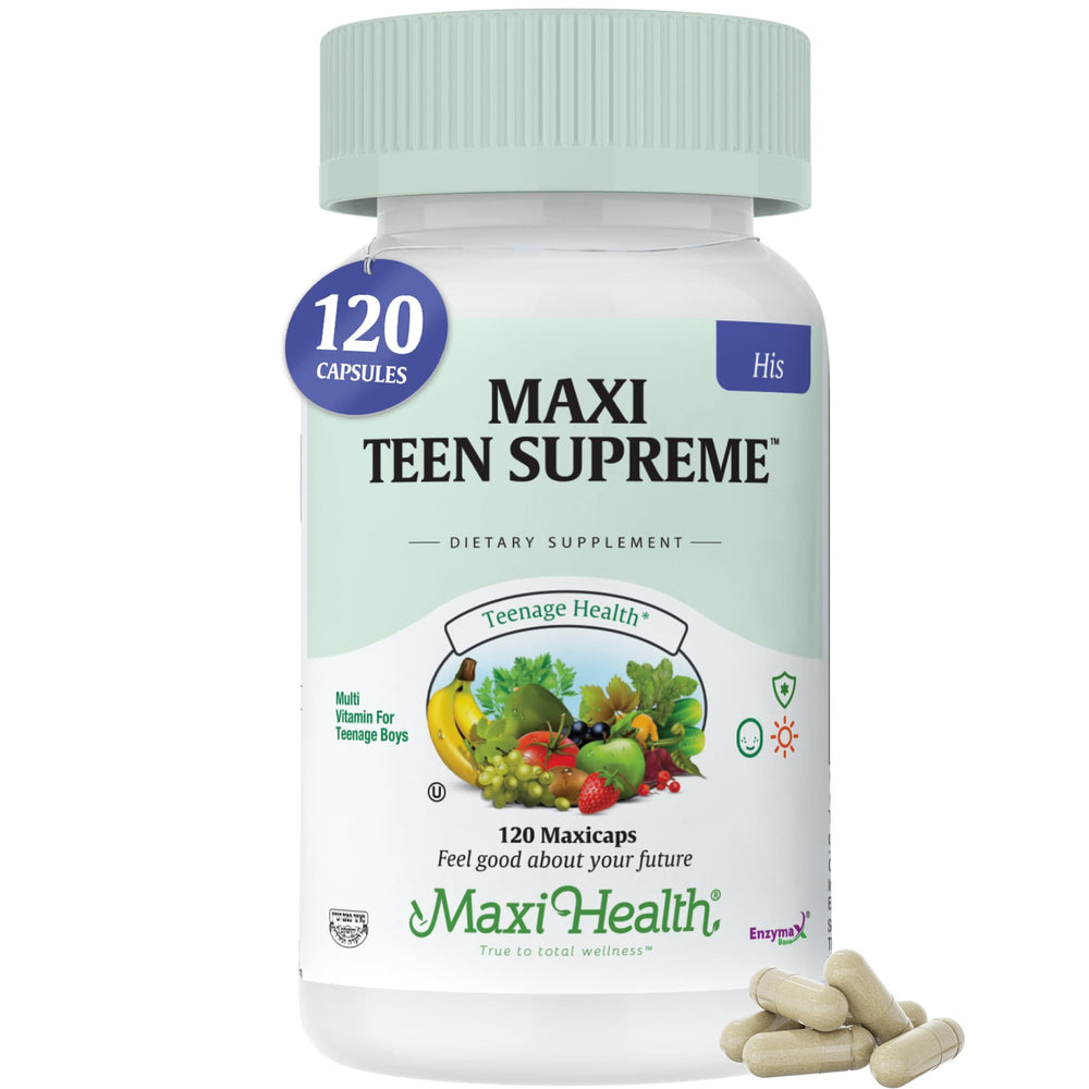 Maxi Health Teen Supreme bottle front highlights 120 capsules for teen growth support.