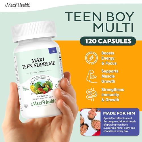 Close-up of Maxi Health Teen Supreme ingredients label showing 32 nutrients for teen health and daily energy.