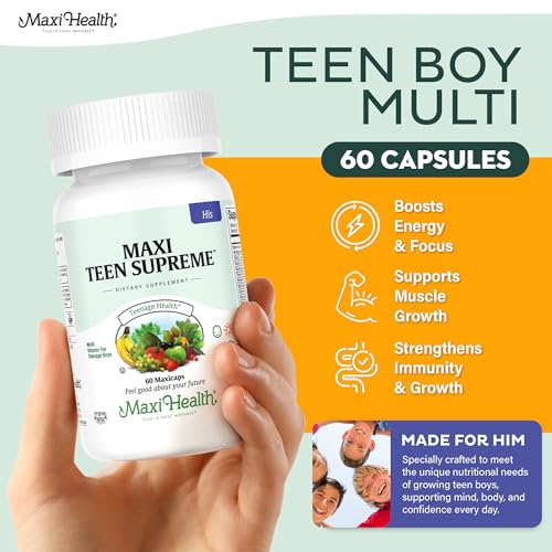 Maxi Health Teen Vitamins bottle side view highlighting contents for growing boys