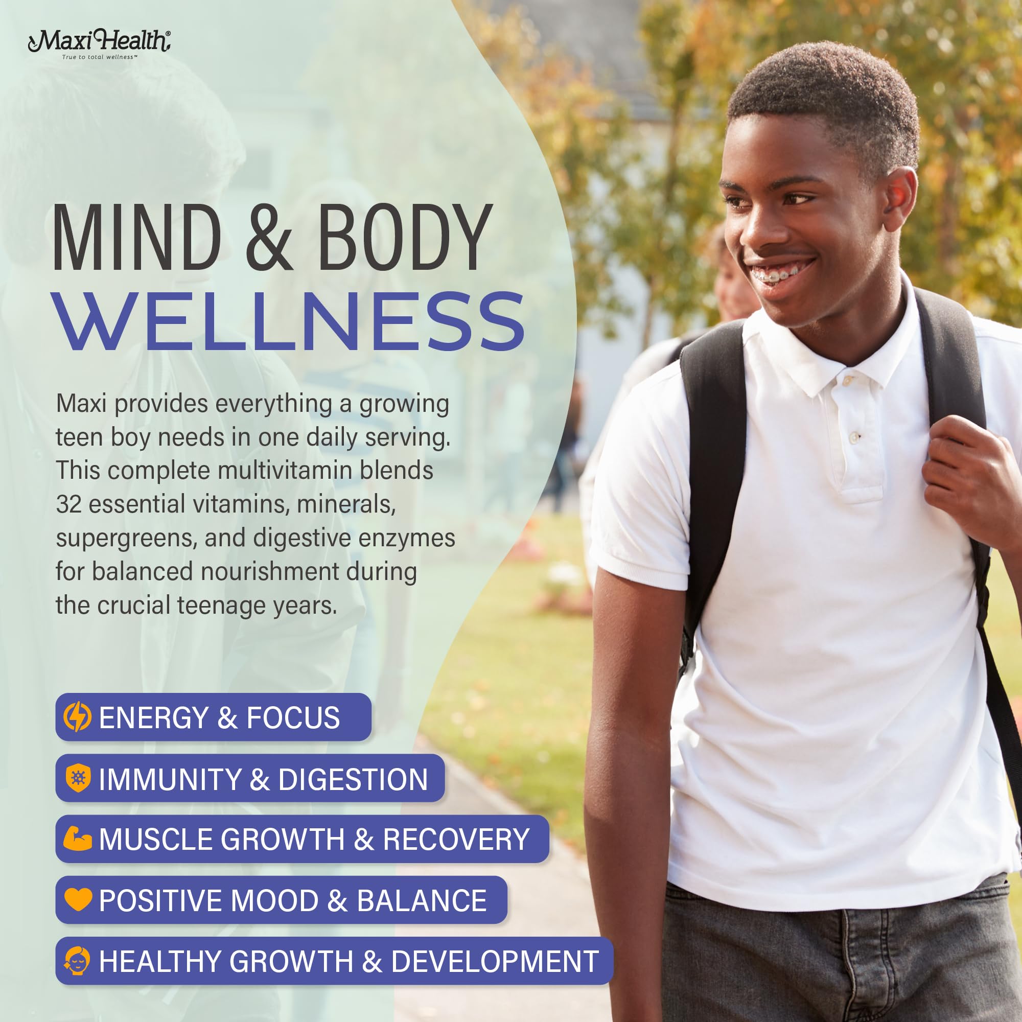 Maxi Health Teen Vitamins label closeup noting D3 and iron benefits