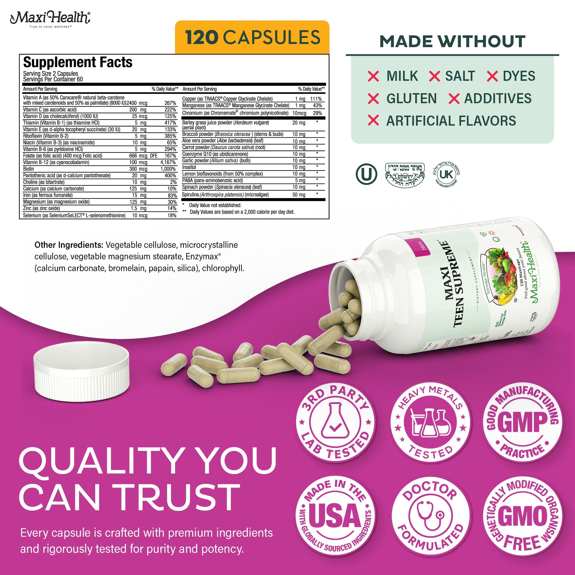Maxi Health Teen Vitamins bottle featuring calcium, D3 and iron for bones