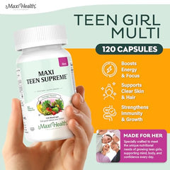 Maxi Health Teen Vitamins bottle showing energy-boosting tablets for teens