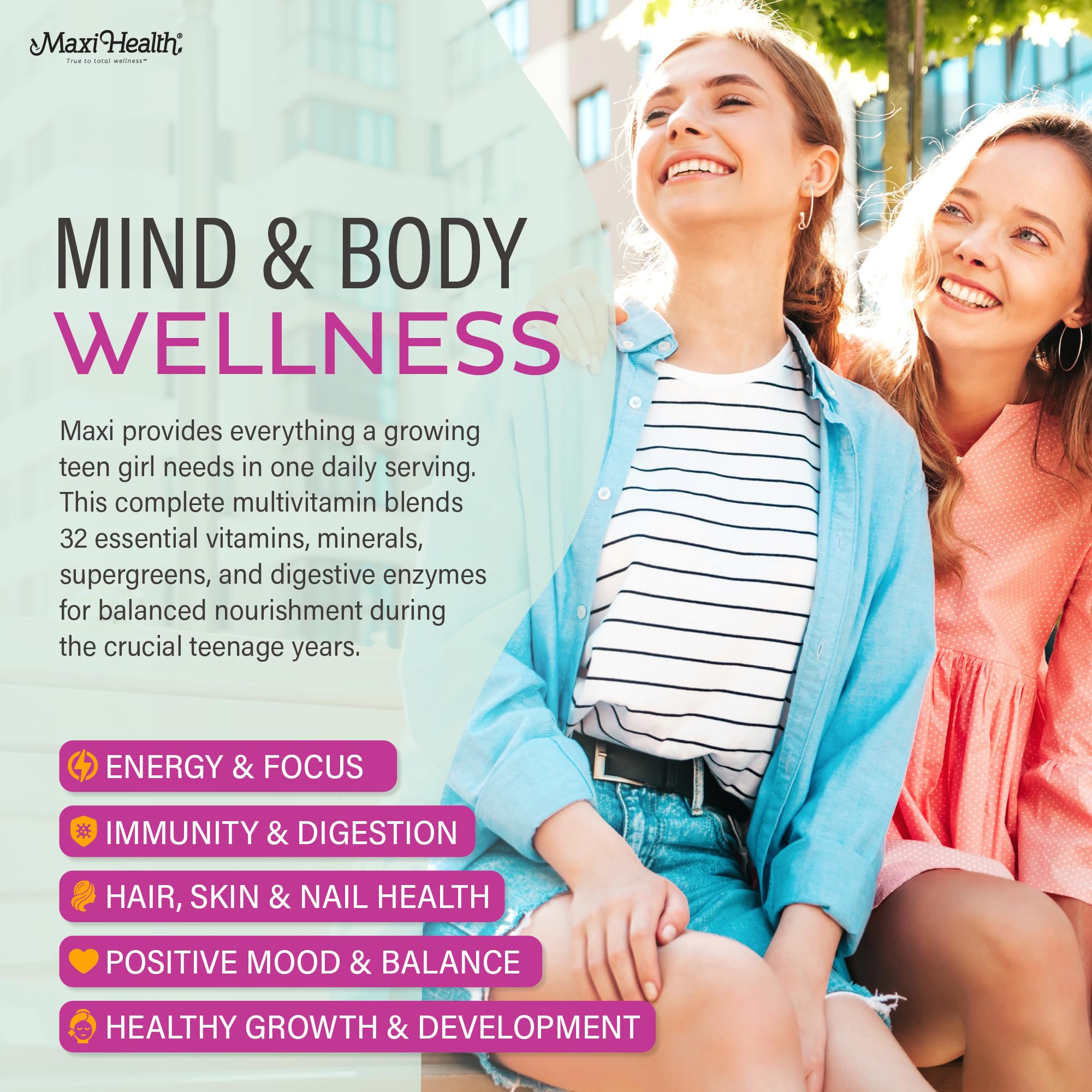 Maxi Health Teen Vitamins bottle with immune-support capsules for teens
