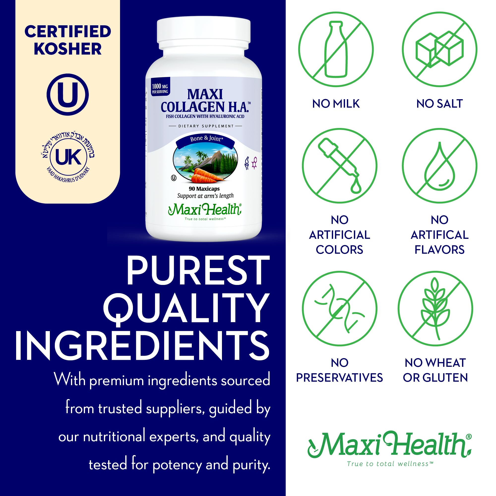 Unflavored Maxi Health capsules on shelf emphasizing allergen-free formula