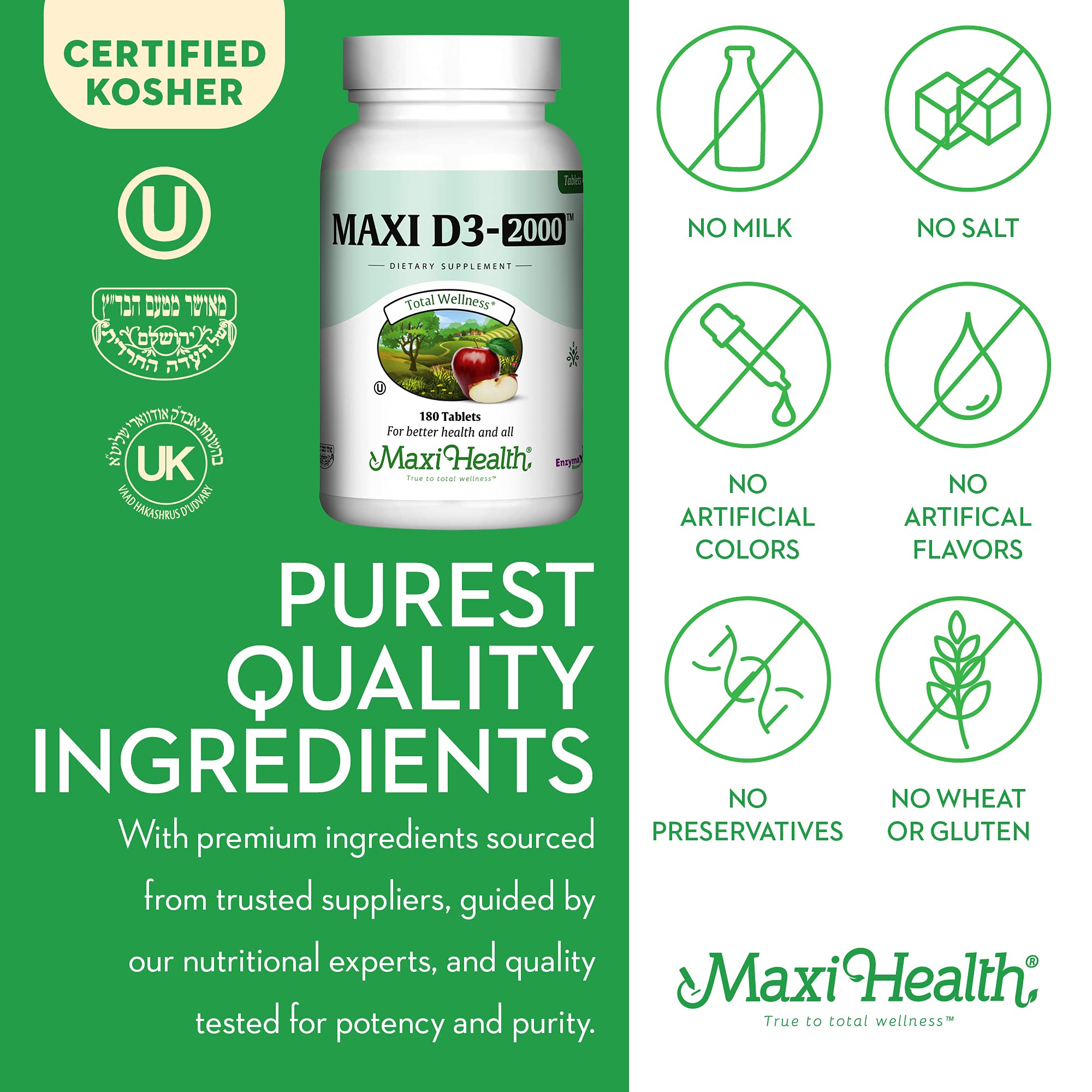 Ingredients panel of Maxi Health Vitamin D3 2000IU bottle highlights natural additives for daily use