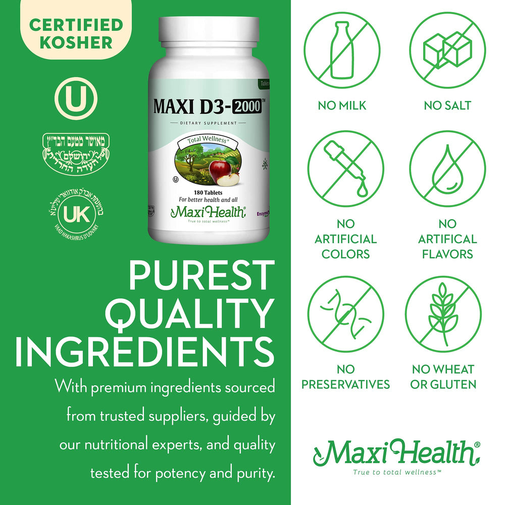 Ingredients panel of Maxi Health Vitamin D3 2000IU bottle highlights natural additives for daily use