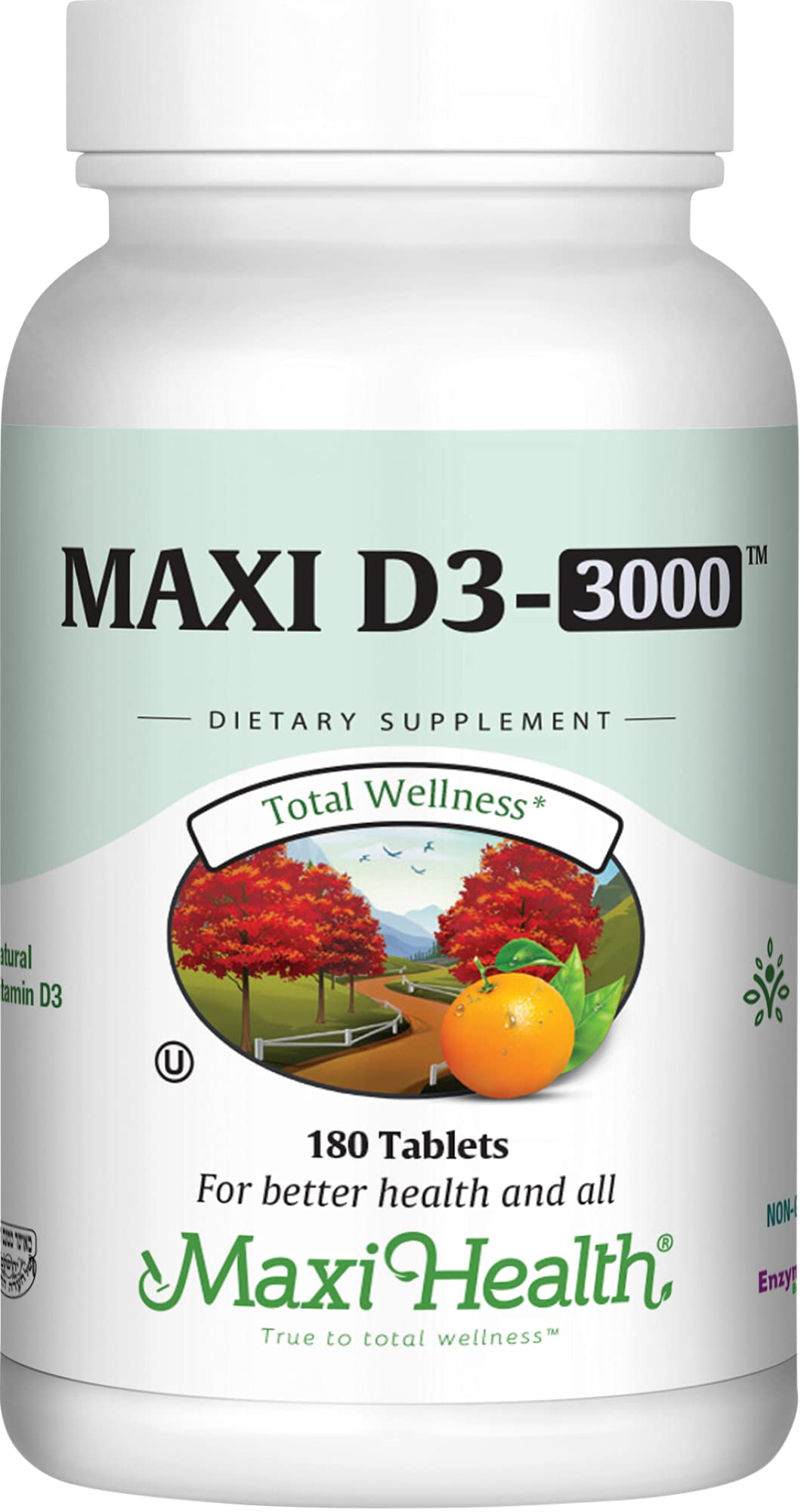 Maxi Health Vitamin D3 3000 IU bottle close-up highlights dosage and labeling for bone support