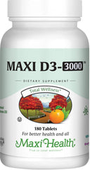 Maxi Health Vitamin D3 3000 IU bottle close-up highlights dosage and labeling for bone support