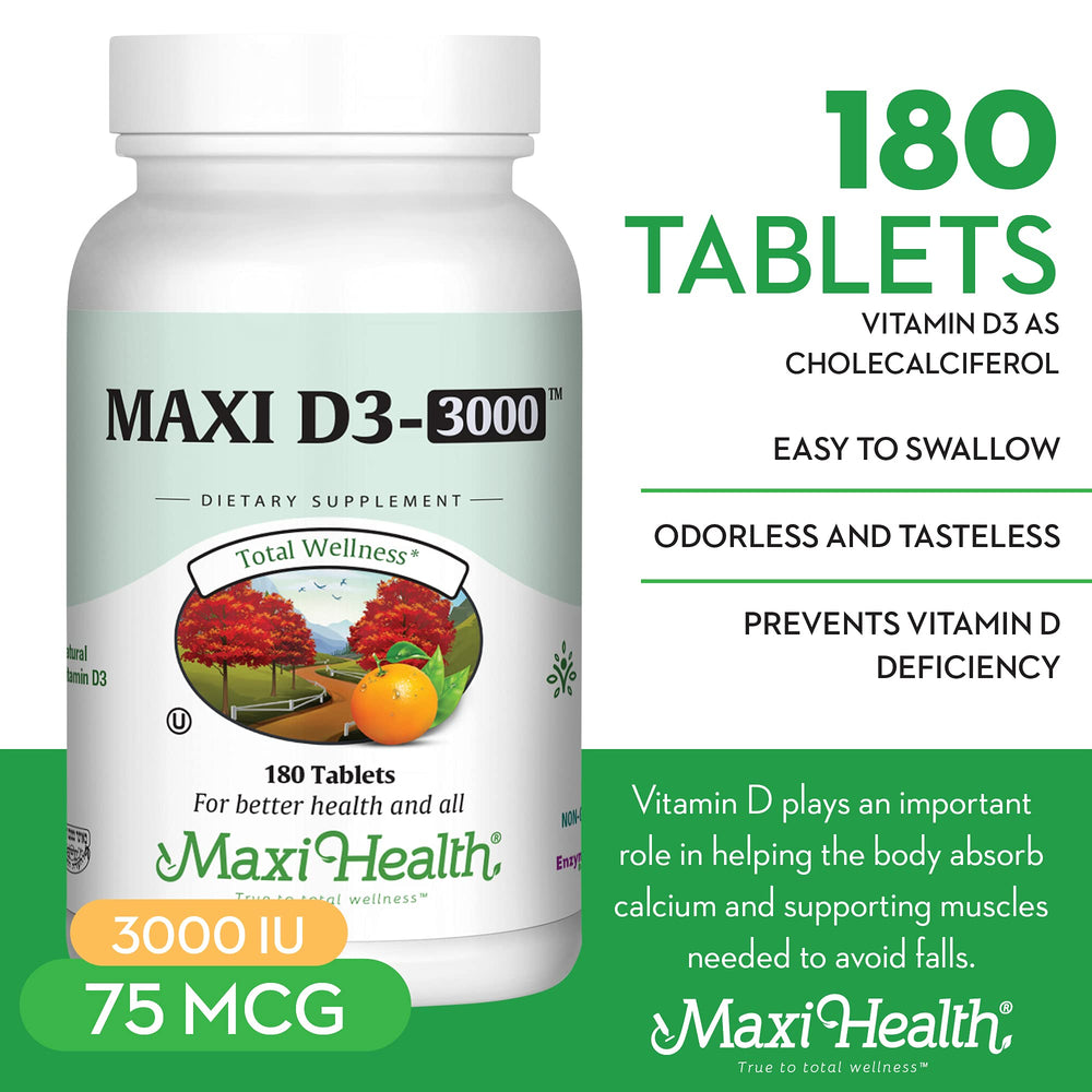 Front view of Maxi Health Vitamin D3 3000 IU bottle for easy daily use