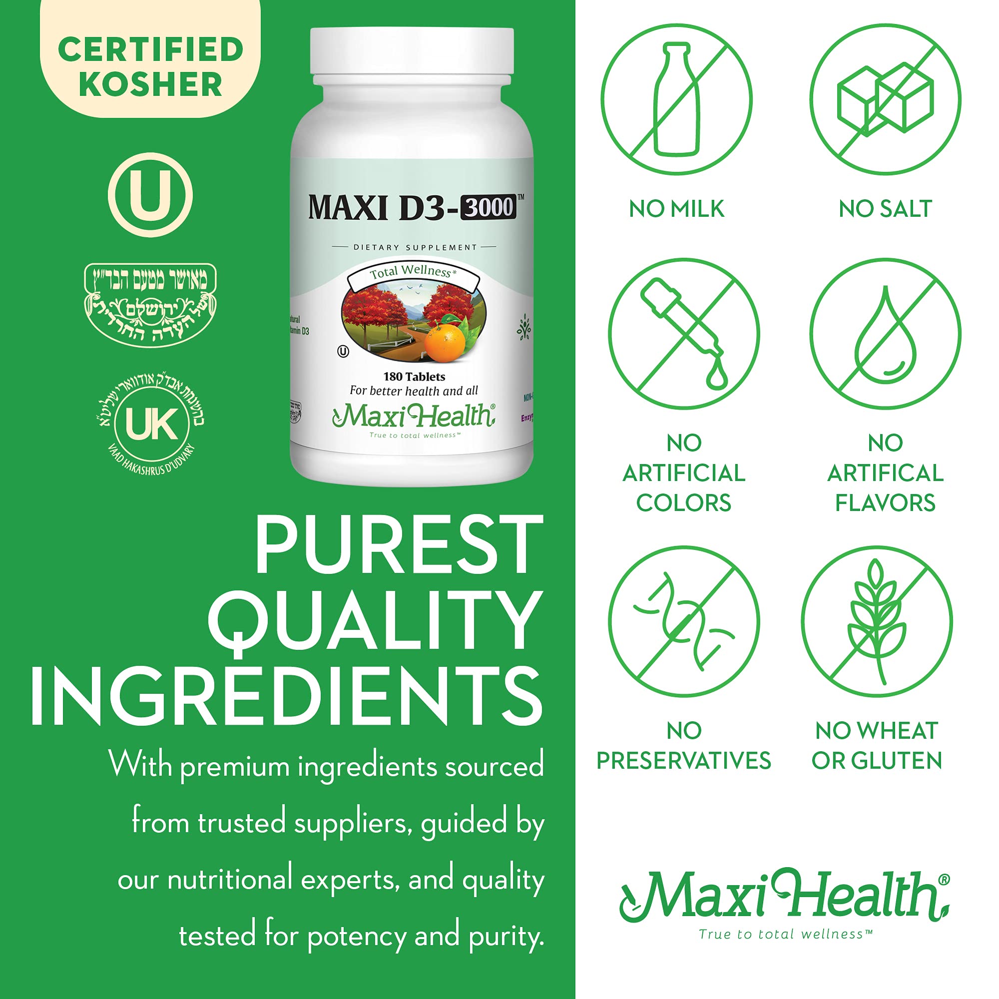 Label detail on Maxi Health Vitamin D3 3000 IU showing ingredients and purity