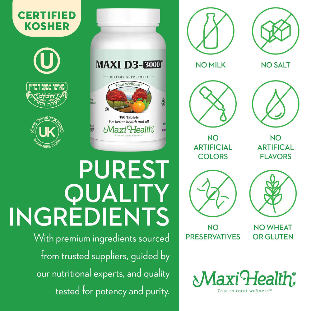 Label detail on Maxi Health Vitamin D3 3000 IU showing ingredients and purity