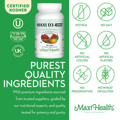 Label detail on Maxi Health Vitamin D3 3000 IU showing ingredients and purity