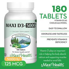 Maxi Health Vitamin D3 label and packaging featuring Enzymax for enhanced absorption.