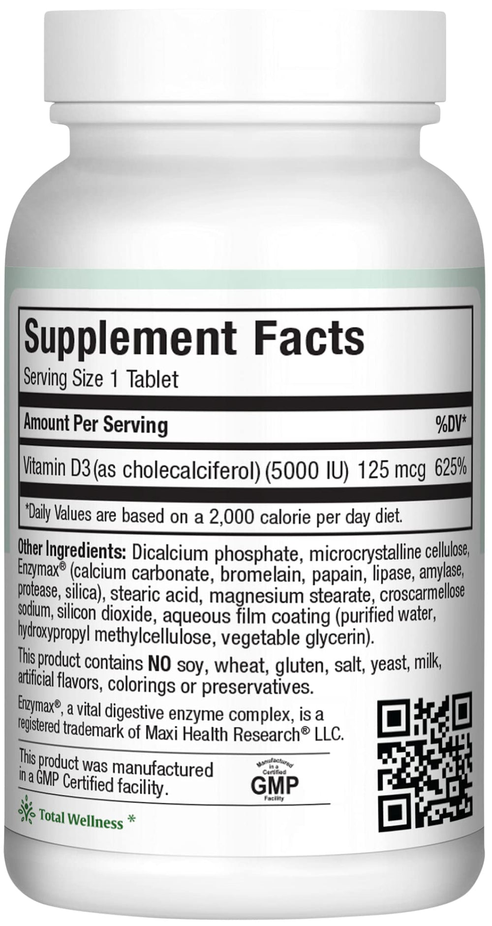 Maxi Health Vitamin D3 tablets close-up highlighting 125 mcg per serving for immune health.