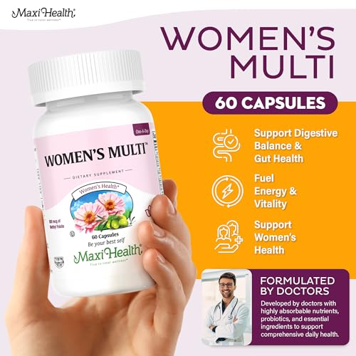 Closeup of Maxi Health women's multivitamin capsules showing smooth texture.