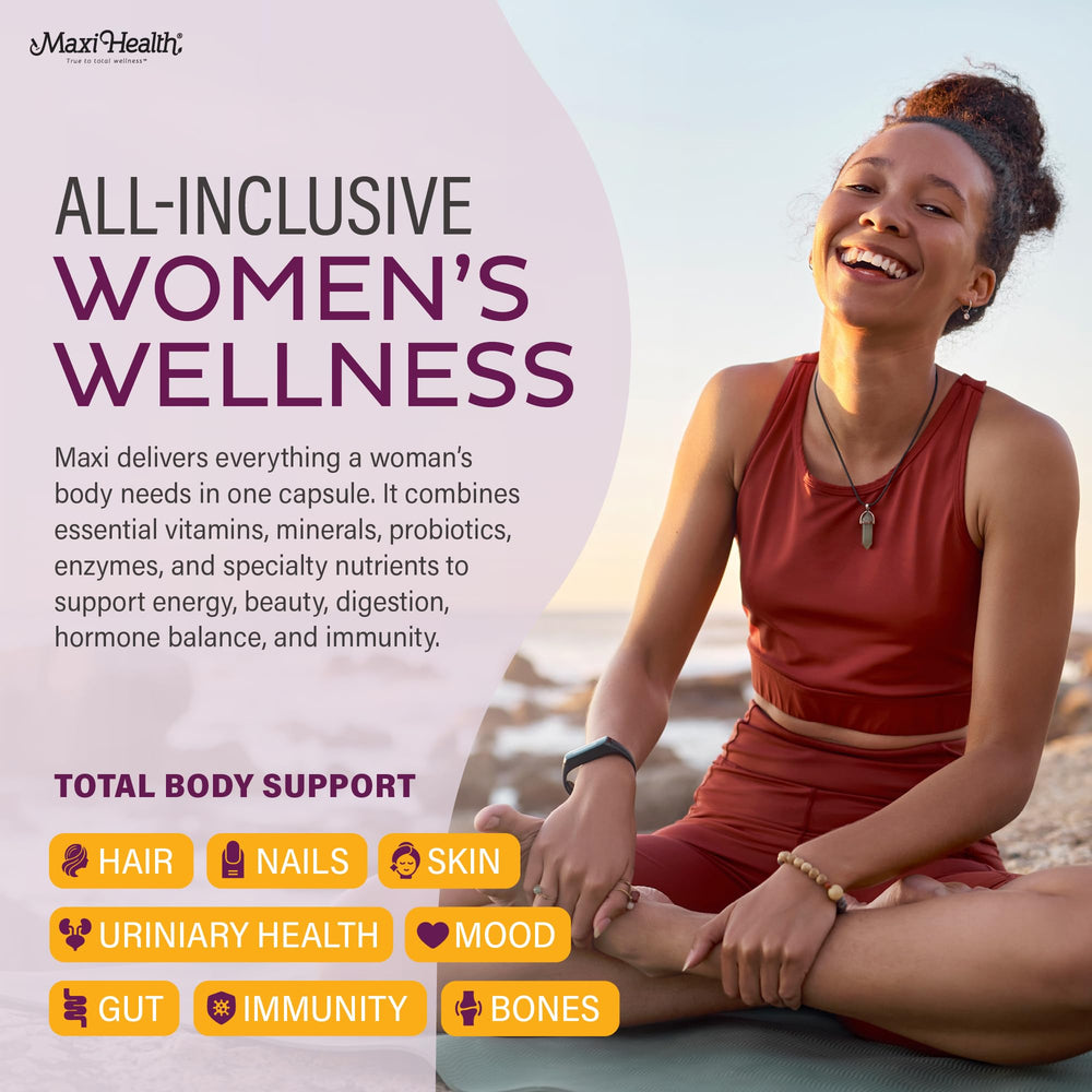 Label highlights essential vitamins, probiotics and enzymes in Maxi Health formula.