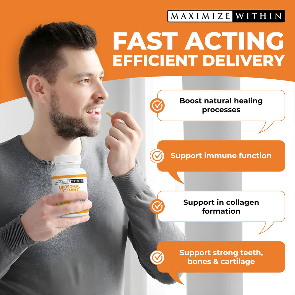 Maximize Within Liposomal Vitamin C Capsules bottle on counter for everyday wellness routine.