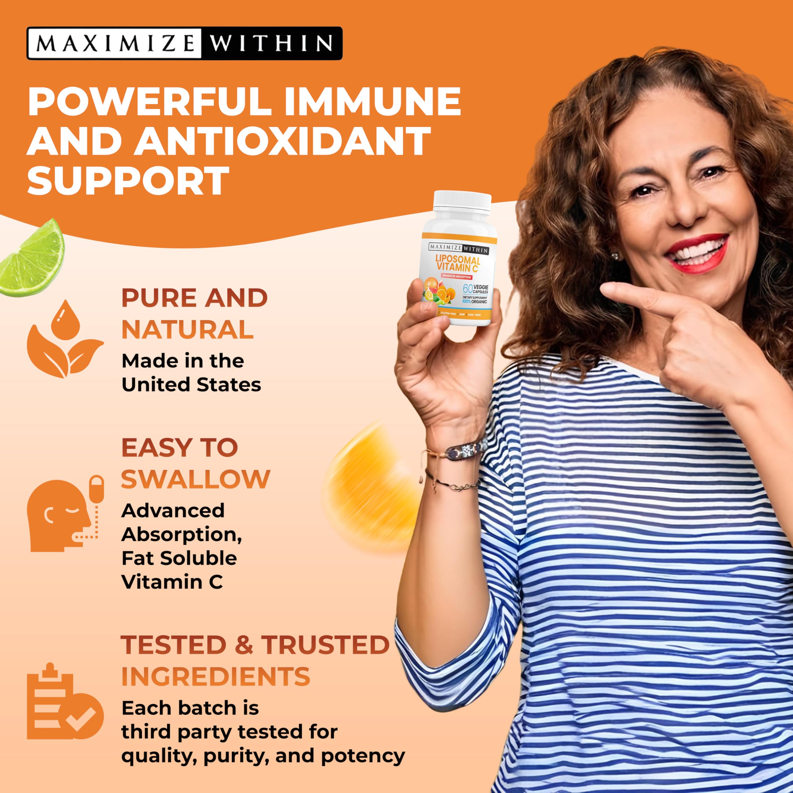 Maximize Within Liposomal Vitamin C Capsules pure ingredients visual suggesting clean formulation.