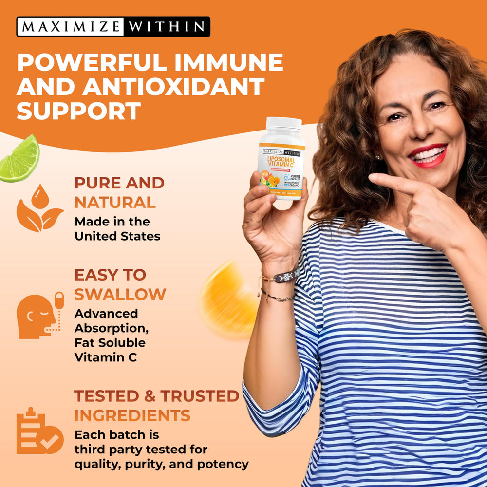 Maximize Within Liposomal Vitamin C Capsules pure ingredients visual suggesting clean formulation.