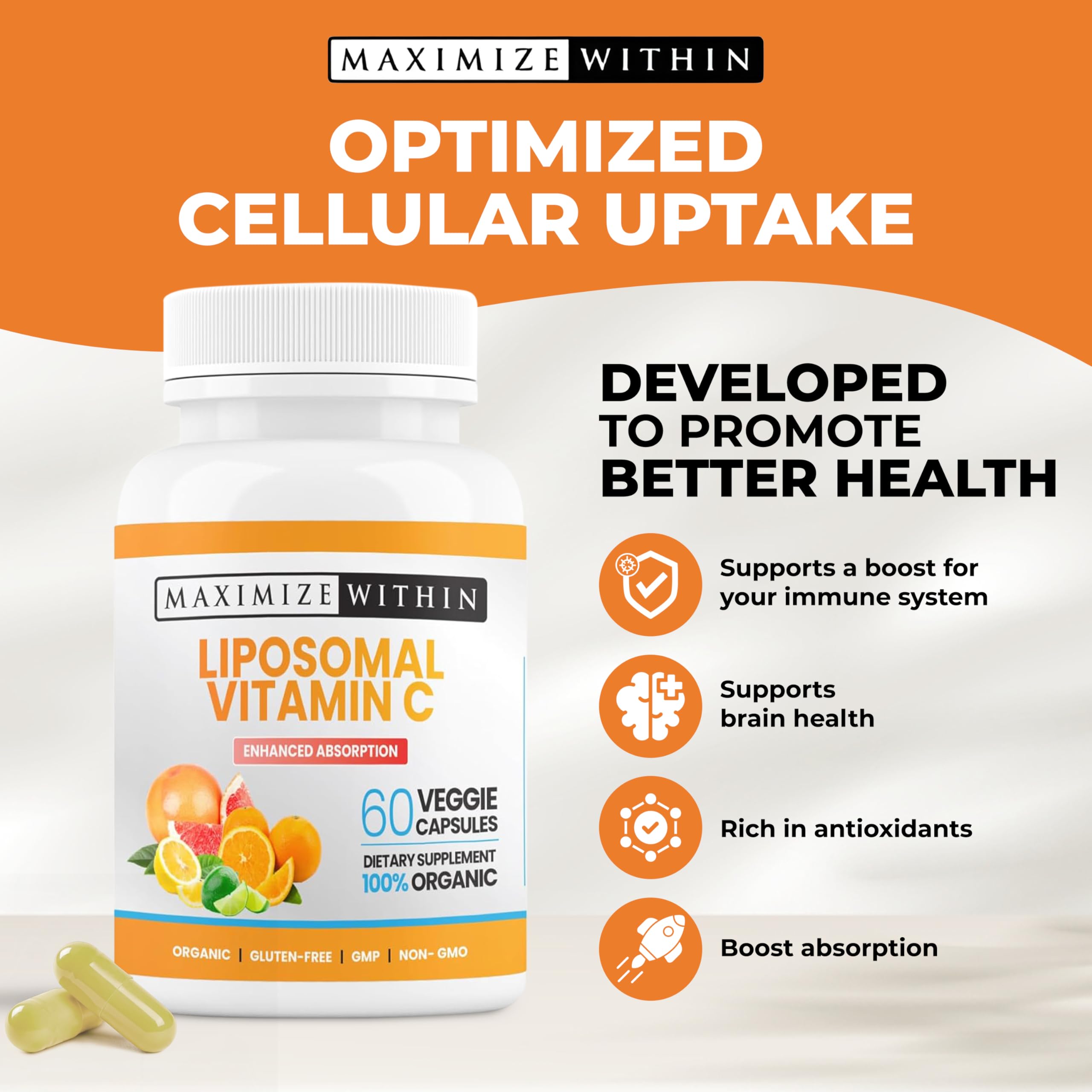 Maximize Within Liposomal Vitamin C Capsules USA-made stamp on packaging.