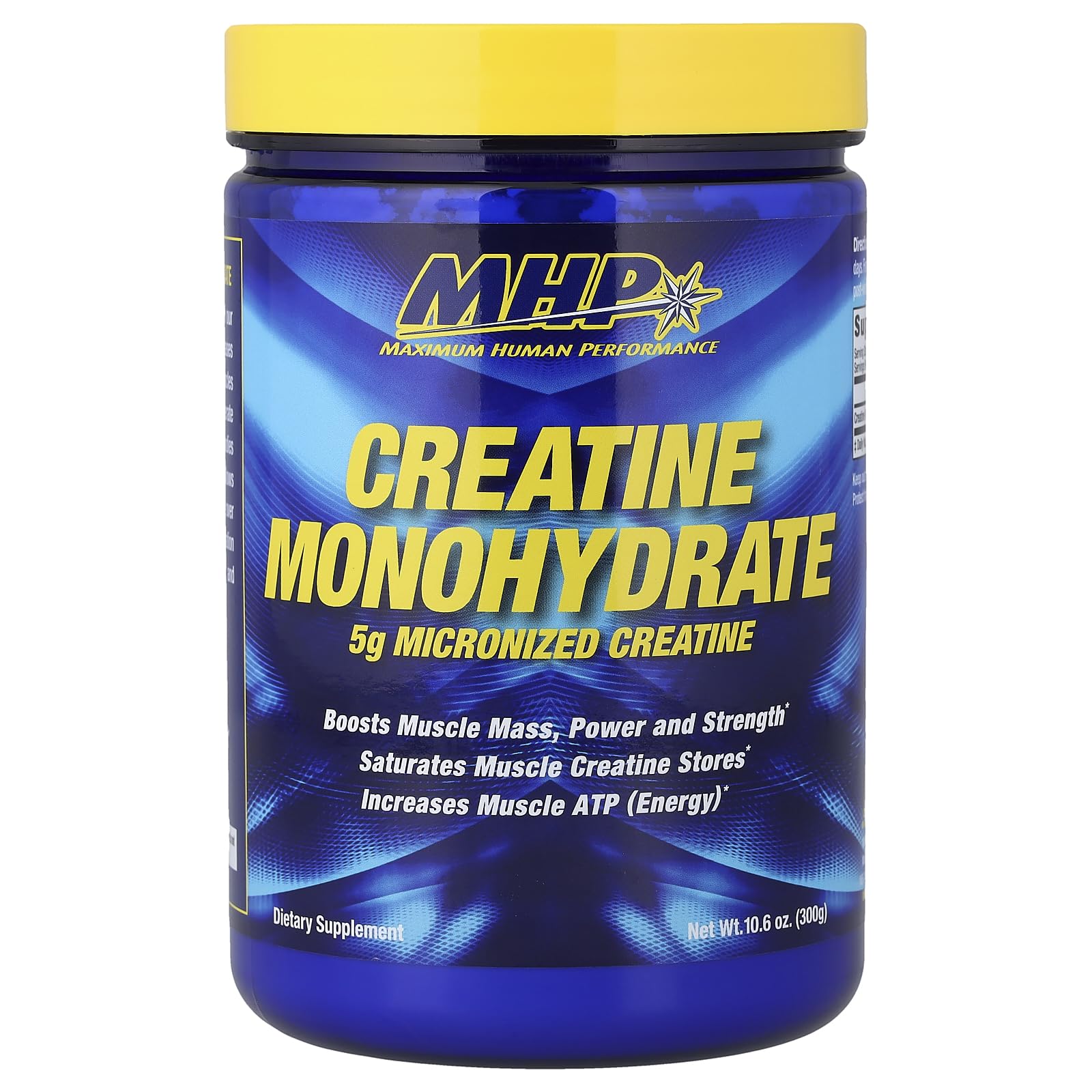 Maximum Human Performance MHP creatine monohydrate powder bottle for smooth mixing and strength support.