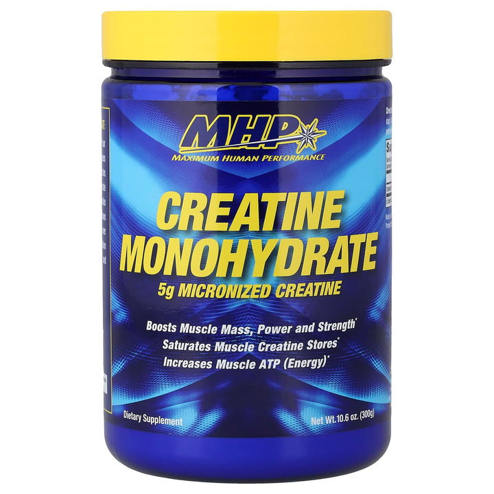 Maximum Human Performance MHP creatine monohydrate powder bottle for smooth mixing and strength support.