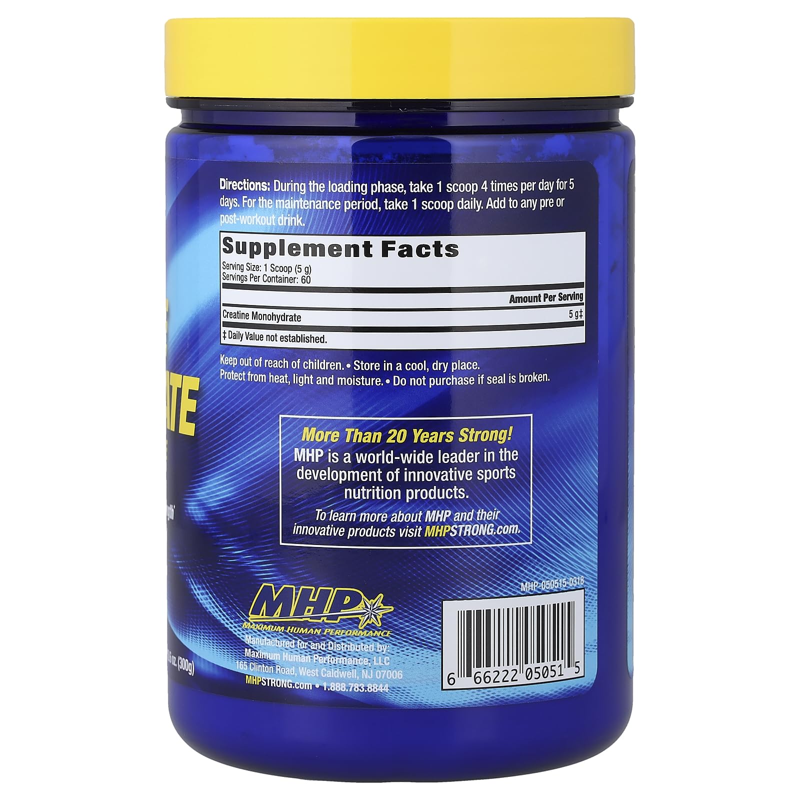 MHP creatine monohydrate powder scoop dispenses 5 g per serving for consistent workouts.