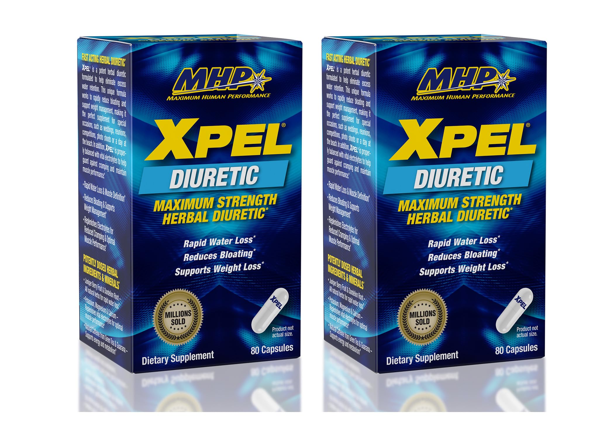 Maximum Human Performance MHP Xpel bottle front highlights the diuretic formula for potential water balance