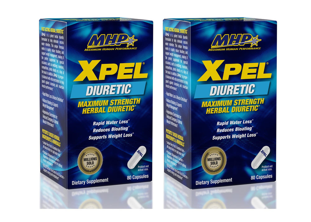 Maximum Human Performance MHP Xpel bottle front highlights the diuretic formula for potential water balance