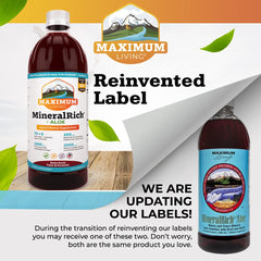 Maximum Living MineralRich bottle front with label highlighting Aloe and minerals